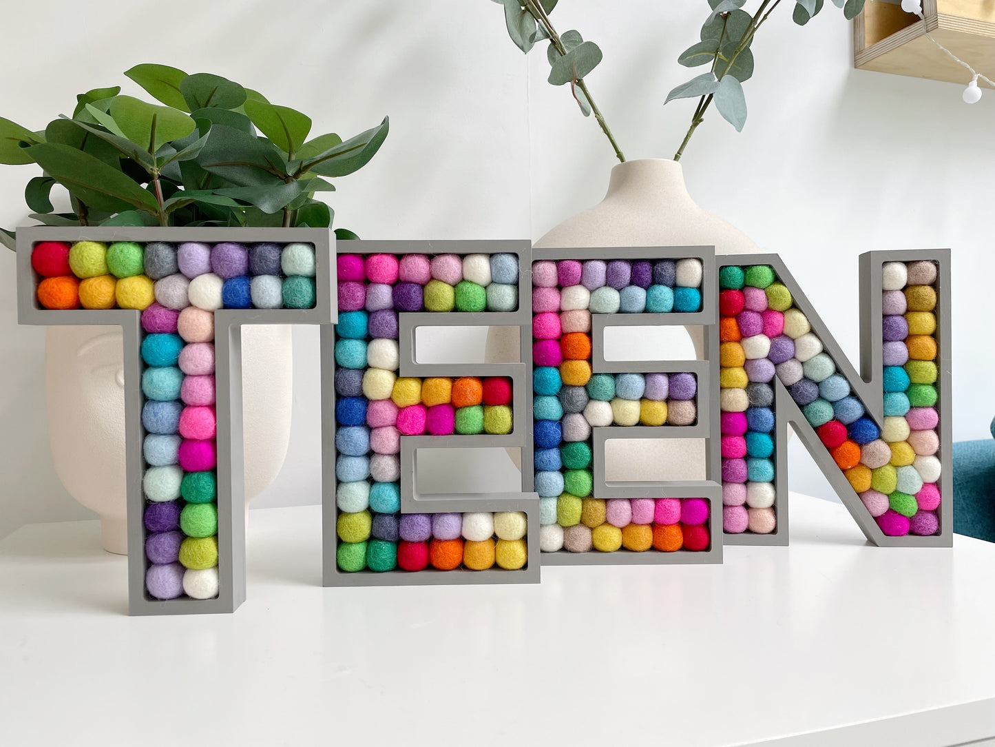 Wooden Rainbow Pom Pom Letter - 20cm Dark Grey