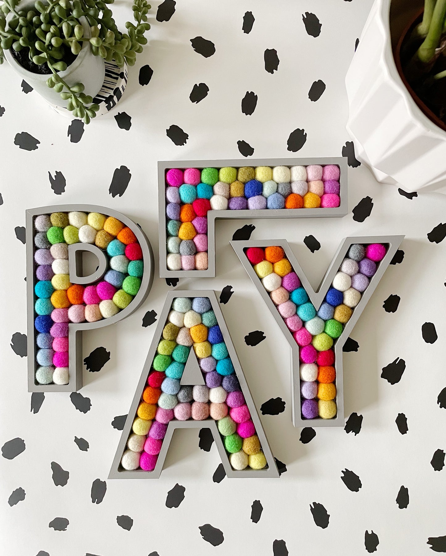 Wooden Rainbow Pom Pom Letter - 20cm Dark Grey