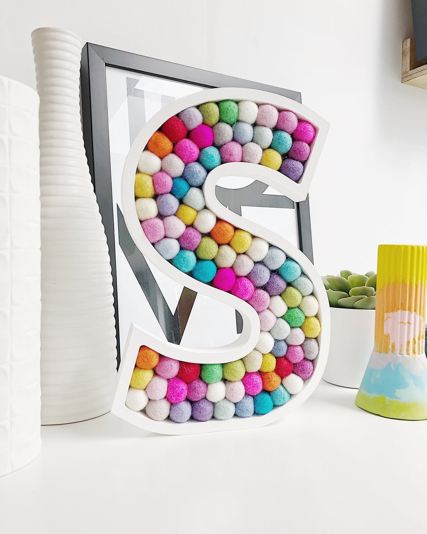 A-Z Rainbow PomPom Wooden Wall Letter - 30cm White