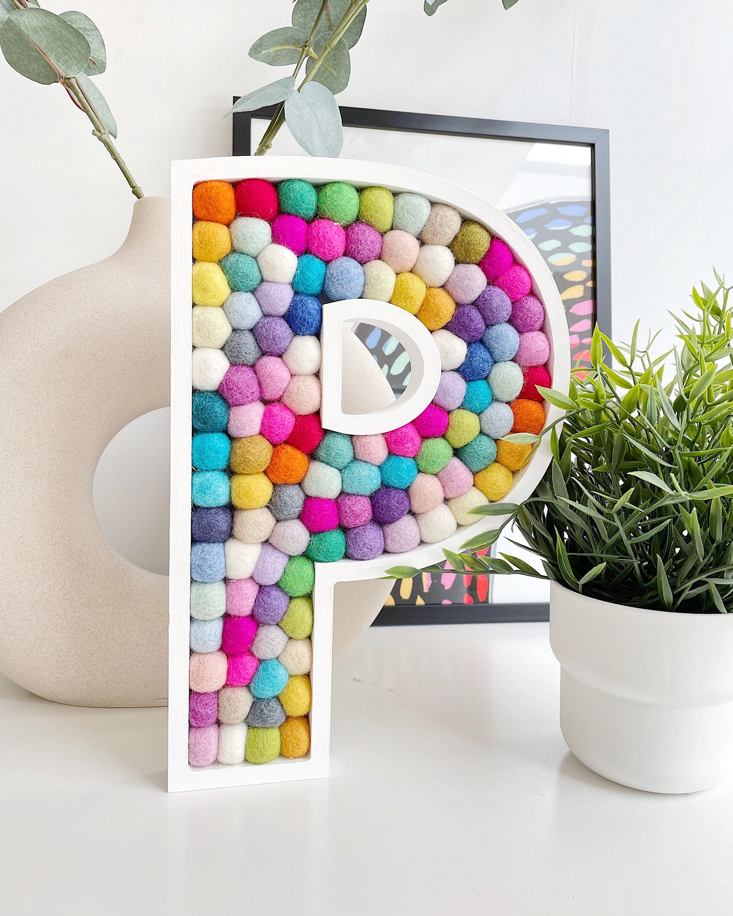 A-Z Rainbow PomPom Wooden Wall Letter - 30cm White