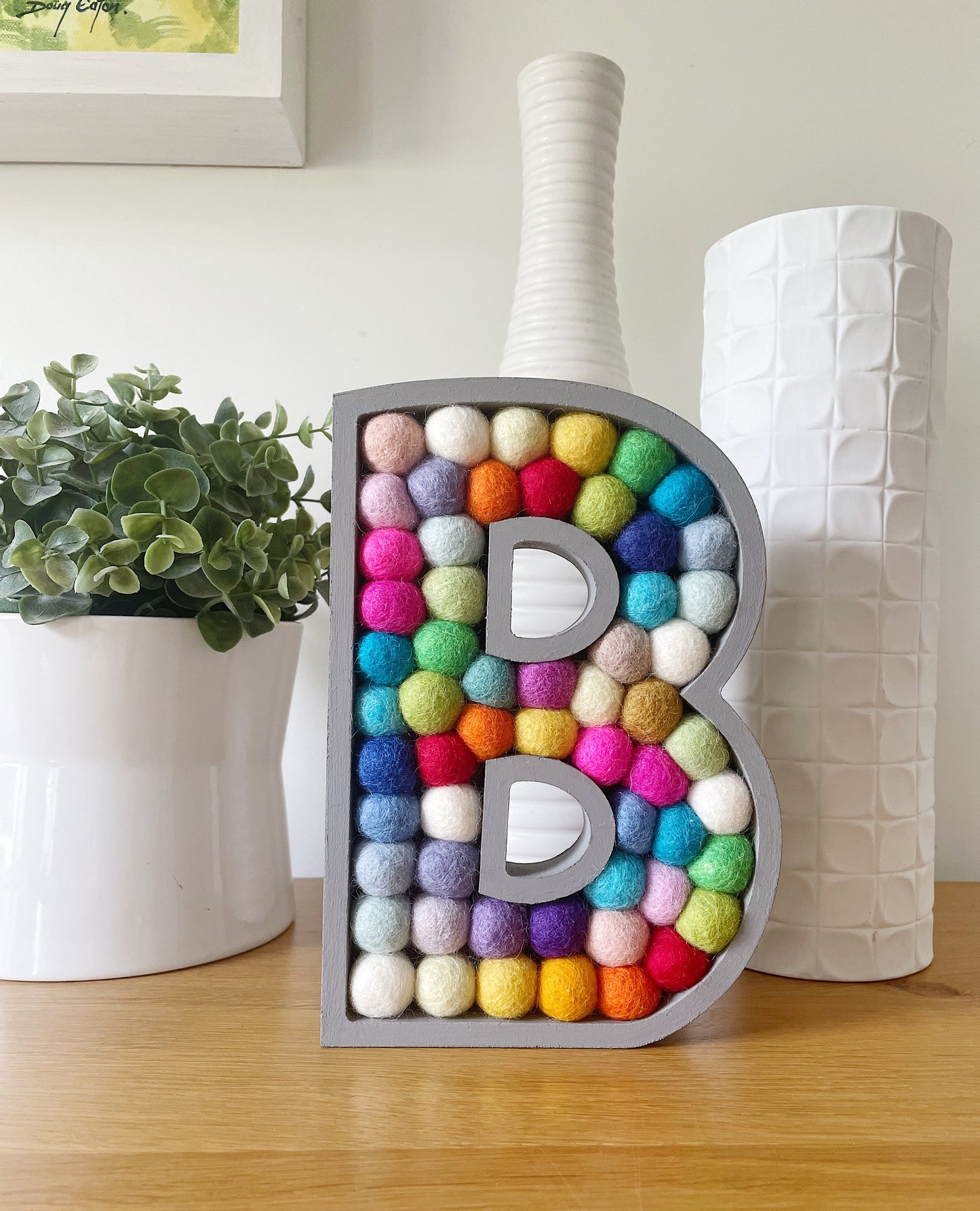 Wooden Rainbow Pom Pom Letter - 20cm Dark Grey