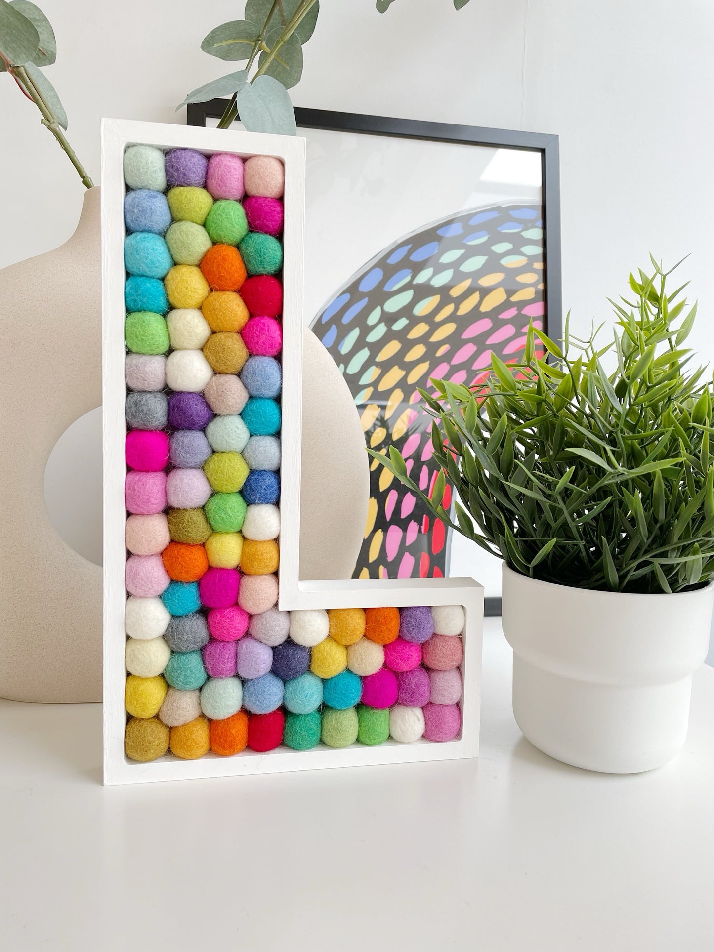 A-Z Rainbow PomPom Wooden Wall Letter - 30cm White